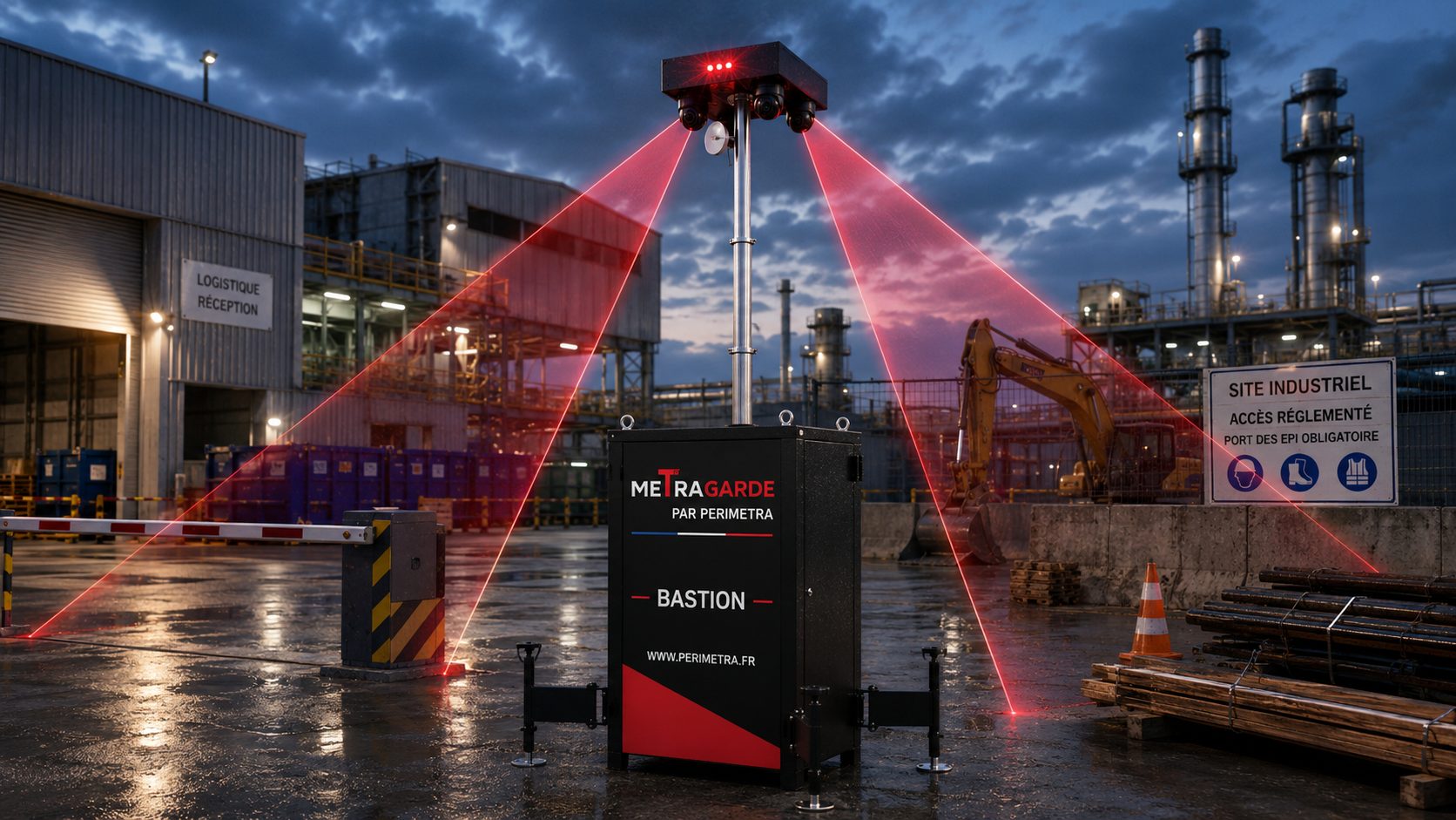Tourelle de vidéosurveillance autonome MetraGarde BASTION déployée sur un site industriel sécurisé par Perimetra