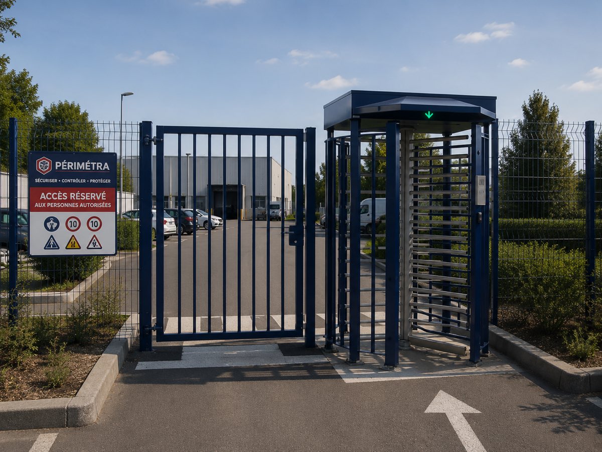 Tourniquet rotatif pleine hauteur bleu fonce Perimetra avec auvent, integre a une cloture rigide et un portillon, controle d'acces d'une zone industrielle reservee aux personnes autorisees